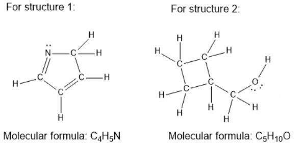 Lewis structures and molecular formulas for two compounds.
