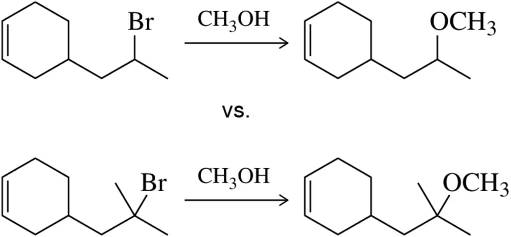 Comparison of two SN1 reactions with bromine and methanol, showing different reaction pathways and products.