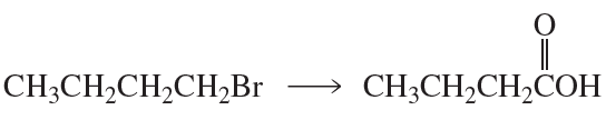 Synthesis reaction showing the conversion of a bromoalkane to a carboxylic acid with structural formulas.