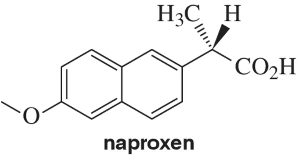 Chemical structure of naproxen, an anti-inflammatory drug, labeled with its name below the molecular diagram.
