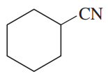 Cyclohexane structure with a cyanide group (CN) attached, illustrating a substitution reaction.