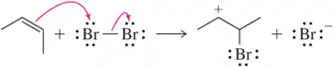 Chemical reaction diagram showing a reaction between an alkene and bromine, indicating Lewis acid and base with arrows.