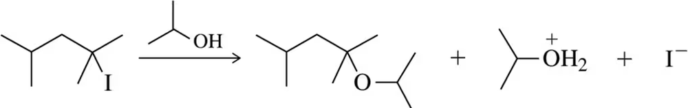 Chemical structure illustrating an SN1 reaction mechanism with reactants, products, and electron-pushing arrows.