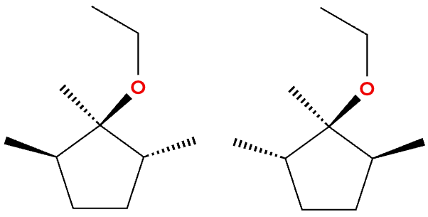 Two chemical structures of a substituted cyclopentane ring with an ethoxy group attached at different stereochemical positions.