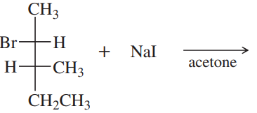 Structural representation of an SN2 reaction showing reactants and product, including a brominated compound and sodium iodide.