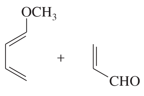 Chemical structures of two reactants for a Diels-Alder reaction, featuring OCH3 and CHO groups.