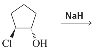 Chemical structure showing a cyclic compound with Cl and OH groups, reacting with NaH to illustrate elimination reactions.