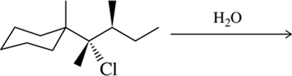 Chemical structure illustrating an elimination reaction with a chlorine atom and water as a reactant, indicating stereochemical outcomes.