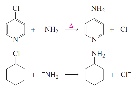 Chemical reaction mechanisms for nucleophilic aromatic substitution, showing two different aromatic compounds.