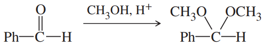 Chemical reaction diagram showing nucleophilic addition of methanol to an aldehyde, forming an acetal.