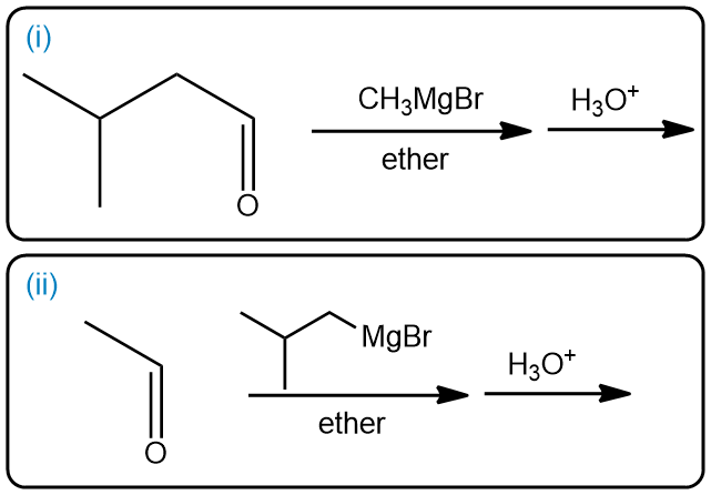 Two methods to prepare a secondary alcohol using Grignard reagents and aldehydes.