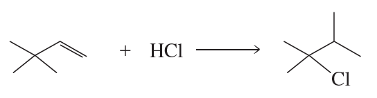 Chemical reaction diagram showing the addition of HCl to an alkene, resulting in a product with a chlorine atom.