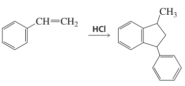 Chemical reaction diagram showing the electrophilic aromatic substitution of styrene with HCl, producing a substituted aromatic compound.