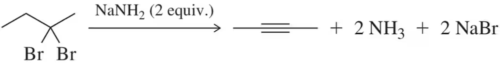 Chemical reaction diagram showing double elimination of H―Br from a dihaloalkane using sodium amide to form an alkyne.