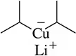 Chemical structure of lithium diisopropylcuprate, showing two isopropyl groups bonded to copper with lithium ion.