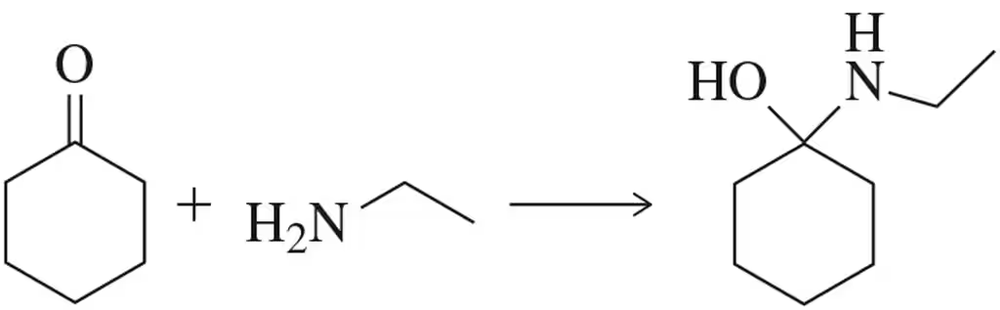 Chemical reaction showing the formation of an imine from an aldehyde and an amine, with bonds broken and formed indicated.