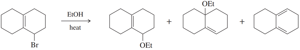 Chemical reaction diagram showing brominated compound converting to multiple products with ethyl alcohol and heat.