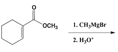 Chemical reaction showing methylmagnesium bromide and acid workup reacting with a cyclohexenone methyl ester compound.