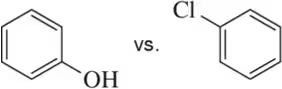 Chemical structures of phenol (OH) and chlorobenzene (Cl) for solubility comparison in water and nonpolar solvents.