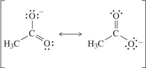 Two resonance structures of a molecule with carbon and oxygen atoms, showing electron dot representations and bond arrangements.