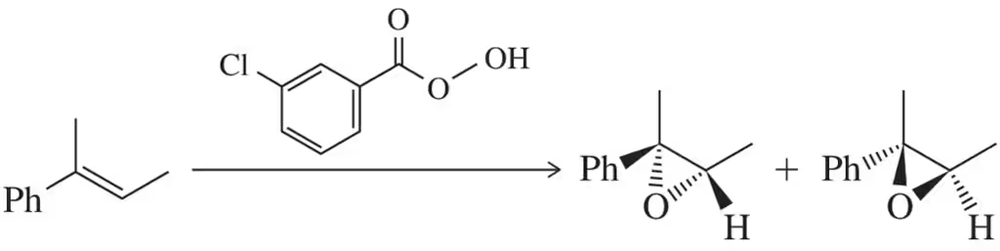 Chemical reaction diagram illustrating epoxide formation, showing reactants and resulting enantiomers.