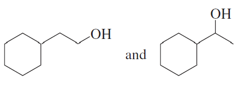 Two structural formulas of alcohols with hydroxyl groups, illustrating their dehydration reaction to form the same alkene.