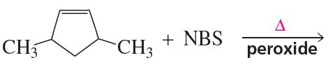 Chemical reaction diagram showing allylic bromination with reactants and conditions, including NBS and peroxide.