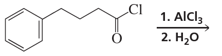 Chemical structure showing a benzene ring with a chlorine and carbonyl group, indicating a reaction with aluminum chloride and water.