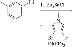 Chemical reaction diagram illustrating a Stille coupling reaction with reactants and conditions for product prediction.