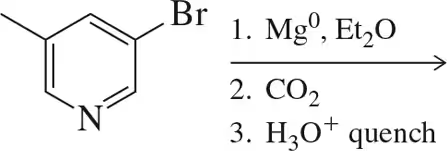 Chemical reaction sequence: bromopyridine with Mg/Et2O, CO2, and H3O+ quench to predict product formation.