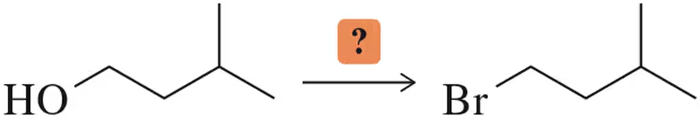 Diagram showing the conversion of a 1° alcohol to a 1° alkyl halide, with a question mark indicating the required reagent.