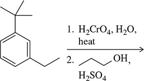 Chemical reaction diagram showing a benzene derivative with reagents for side-chain oxidation and product prediction.