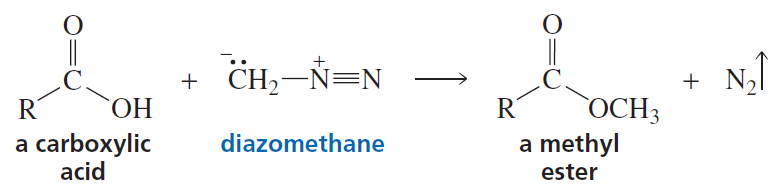 Reaction mechanism showing diazomethane converting a carboxylic acid to a methyl ester, releasing nitrogen gas.