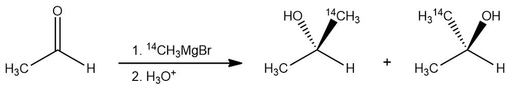 Chemical reaction showing synthesis with 14C Grignard reagent producing chiral isomers.