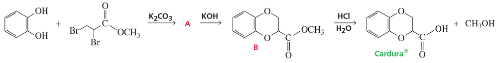Chemical reaction diagram illustrating the synthesis of Cardura, highlighting intermediate A and the reaction mechanism.