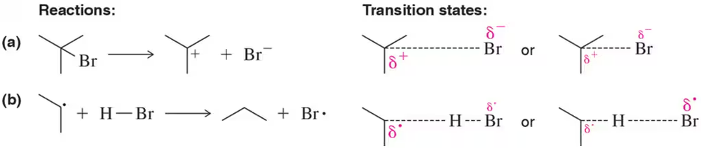 Image showing two reactions with corresponding transition states, highlighting partial charges and unpaired electrons.