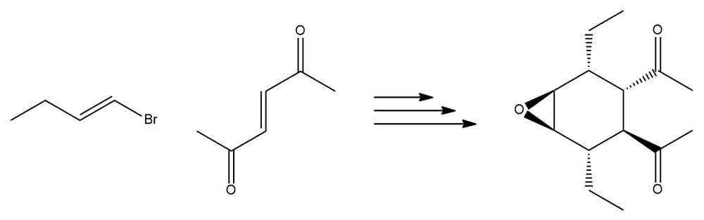Chemical structures of reactants and product for Diels-Alder retrosynthesis.