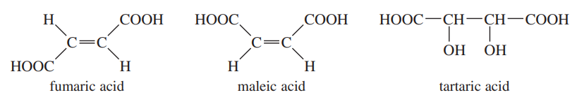 Structural formulas of fumaric acid, maleic acid, and tartaric acid, illustrating their chemical structures and relationships.