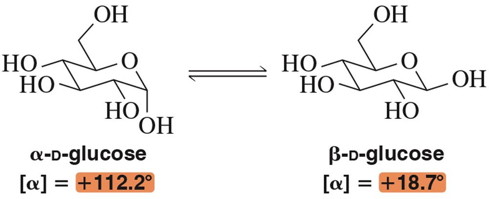 Structures of α-D-glucose and β-D-glucose with their specific rotations, illustrating mutarotation.