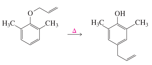 Chemical reaction diagram illustrating the Claisen rearrangement mechanism with reactants and products labeled.