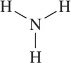 Structural representation of ammonia (NH3) showing nitrogen bonded to three hydrogen atoms.