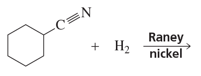 Chemical reaction diagram showing an alkyne and hydrogen with Raney nickel catalyst for amine reduction.