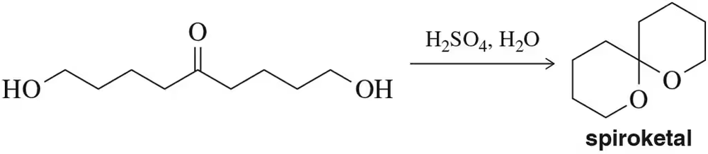 Chemical reaction diagram showing alcohol synthesis to spiroketal using formaldehyde and alkyl halides.