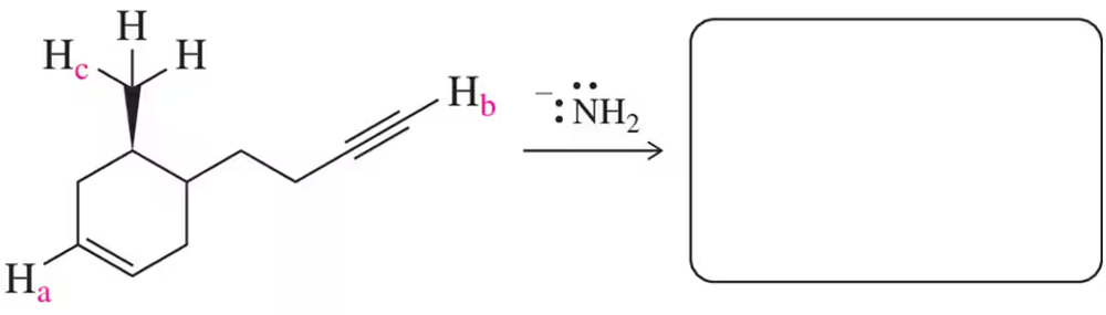 Chemical structure showing protons labeled Ha, Hb, and Hc, with an arrow indicating reaction with a strong base.