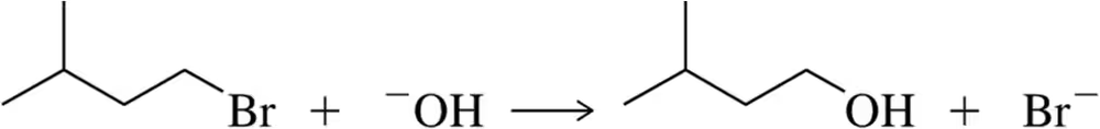 Chemical reaction showing bromide and hydroxide ions converting to alcohol and bromide ion.
