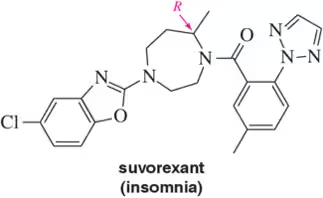Chemical structure of suvorexant, labeled with (R) configuration for educational purposes.