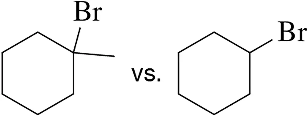 Comparison of two haloalkane structures with bromine, highlighting differences in SN1 reaction rates.