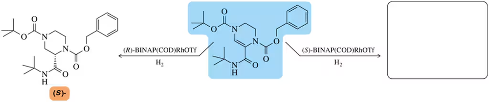 Hydrogenation reaction scheme with (R)- and (S)-BINAP(COD)RhOTf catalysts, showing reactant and product prediction.