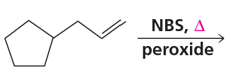 Chemical structure showing allylic bromination with NBS and peroxide, indicating reaction conditions for product formation.