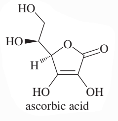 Structural formula of ascorbic acid (vitamin C) showing hydroxyl groups for acidity comparison.